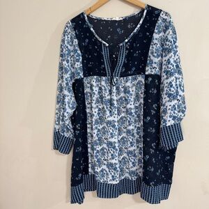 Democracy Blue White Floral Patchwork Peasant Women's Top size 3X Country Boho
